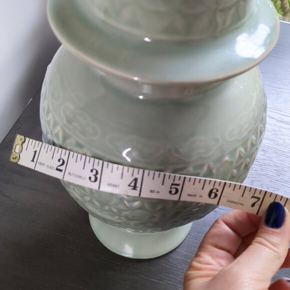 Wildwood Home Celadon Glazed Ginger Jar Lamp Base w/ Floral Fauna Engraving - Picture 11 of 12